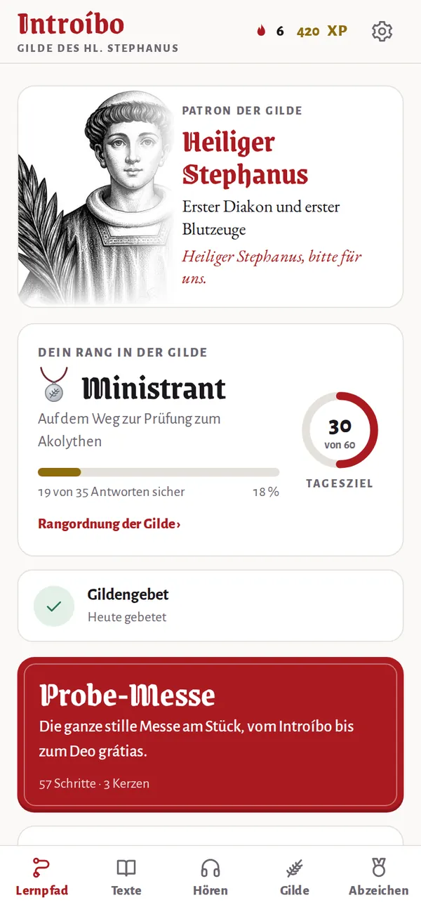 Lernpfad: dein Rang in der Gilde, das Gildengebet und die Probe-Messe
